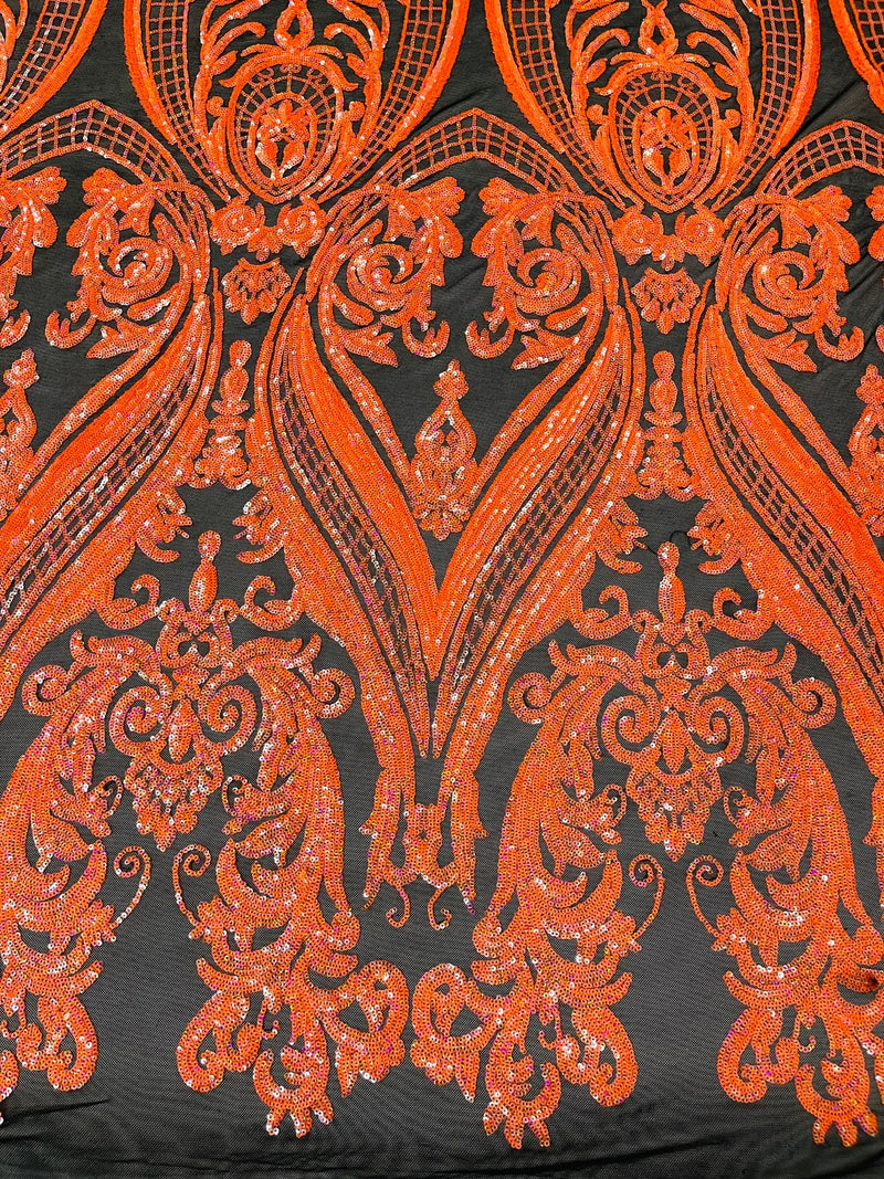 Damask Sequins - Orange on Black - Damask Sequin Design on 4 Way Stretch Fabric By Yard