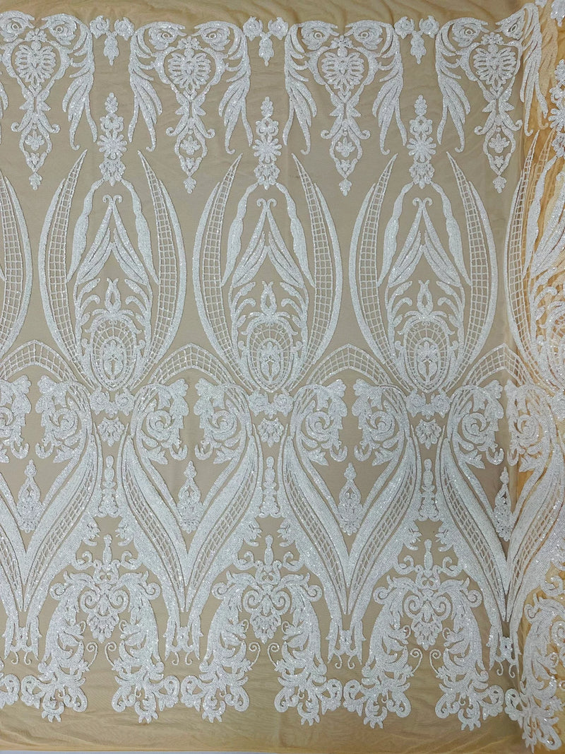 Damask Sequins - White on Nude - Damask Sequin Design on 4 Way Stretch Fabric By Yard
