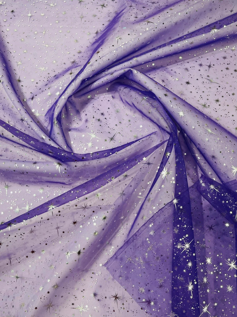 Foil Star Sheer Organza - Silver On Purple - 60" Sheer Silver Star Organza Fabric Sold By Yard