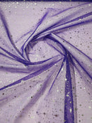 Foil Star Sheer Organza - Silver On Purple - 60" Sheer Silver Star Organza Fabric Sold By Yard