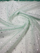 Foil Star Sheer Organza - Silver On Mint - 60" Sheer Silver Star Organza Fabric Sold By Yard