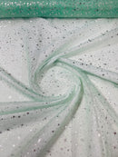 Foil Star Sheer Organza - Silver On Mint - 60" Sheer Silver Star Organza Fabric Sold By Yard