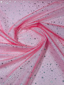 Foil Star Sheer Organza - Silver On Coral - 60" Sheer Silver Star Organza Fabric Sold By Yard