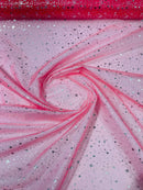 Foil Star Sheer Organza - Silver On Coral - 60" Sheer Silver Star Organza Fabric Sold By Yard