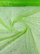 Foil Star Sheer Organza - Silver On Lime Green - 60" Sheer Silver Star Organza Fabric Sold By Yard