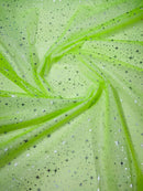 Foil Star Sheer Organza - Silver On Lime Green - 60" Sheer Silver Star Organza Fabric Sold By Yard