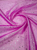 Foil Star Sheer Organza - Silver On Fuchsia - 60" Sheer Silver Star Organza Fabric Sold By Yard