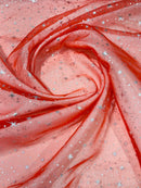 Foil Star Sheer Organza - Silver On Red - 60" Sheer Silver Star Organza Fabric Sold By Yard