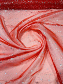 Foil Star Sheer Organza - Silver On Red - 60" Sheer Silver Star Organza Fabric Sold By Yard