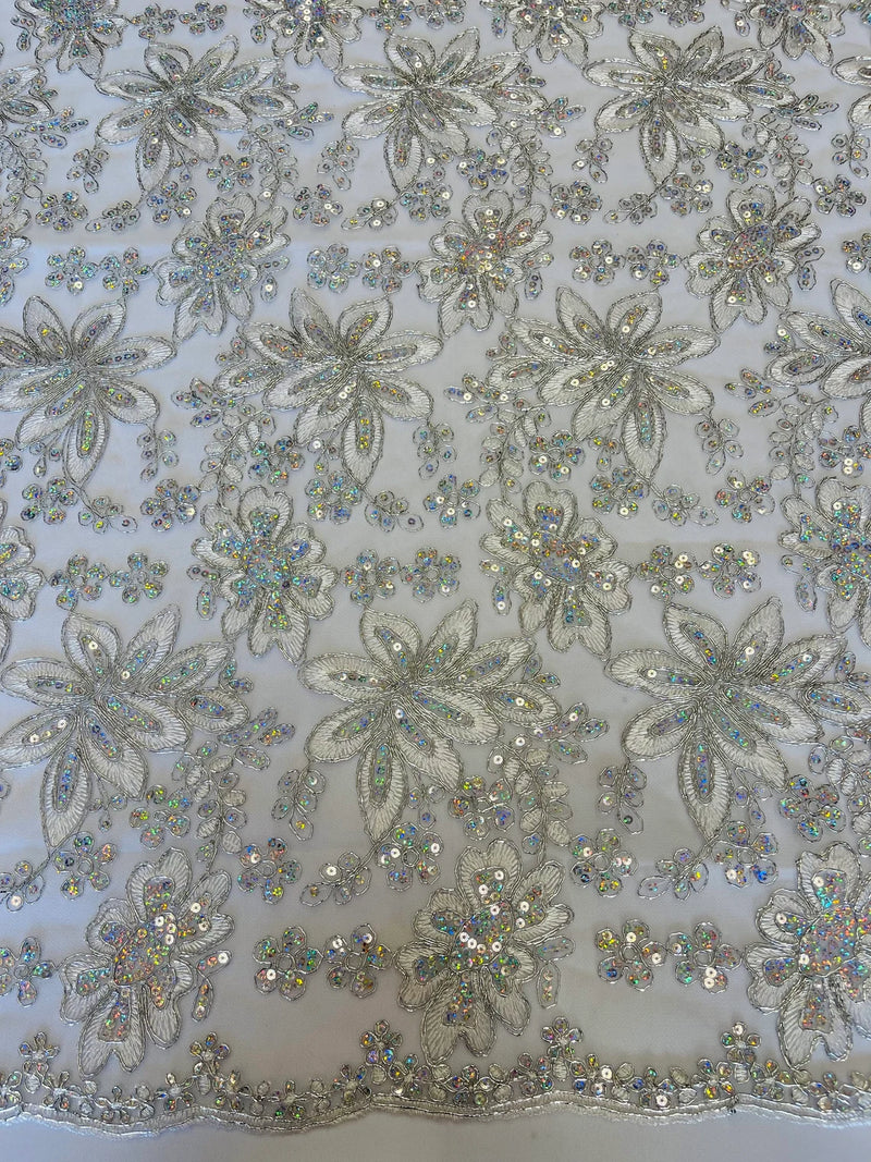 Holographic Floral Lace - Silver - Flower Sequins Lace Design w/ Metallic Thread by Yard