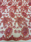 Holographic Floral Lace - Dusty Rose - Flower Sequins Lace Design w/ Metallic Thread by Yard