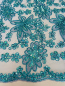 Holographic Floral Lace - Turquoise - Flower Sequins Lace Design w/ Metallic Thread by Yard