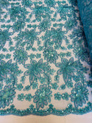 Holographic Floral Lace - Turquoise - Flower Sequins Lace Design w/ Metallic Thread by Yard