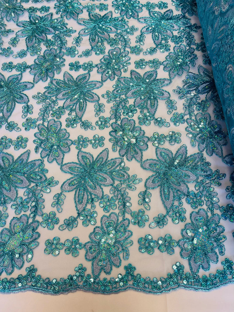 Holographic Floral Lace - Turquoise - Flower Sequins Lace Design w/ Metallic Thread by Yard