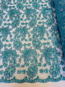 Holographic Floral Lace - Turquoise - Flower Sequins Lace Design w/ Metallic Thread by Yard