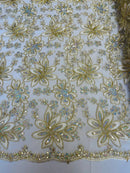 Holographic Floral Lace - Ivory / Gold - Flower Sequins Lace Design w/ Metallic Thread by Yard