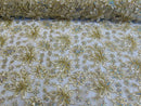 Holographic Floral Lace - Ivory / Gold - Flower Sequins Lace Design w/ Metallic Thread by Yard