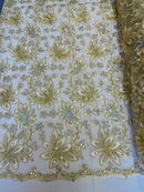 Holographic Floral Lace - Ivory / Gold - Flower Sequins Lace Design w/ Metallic Thread by Yard