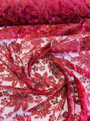 Holographic Floral Lace - Burgundy - Flower Sequins Lace Design w/ Metallic Thread by Yard