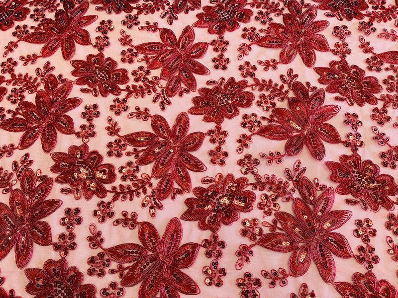 Holographic Floral Lace - Burgundy - Flower Sequins Lace Design w/ Metallic Thread by Yard