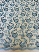 Floral Embroidered Lace - Blue - Floral Corded Lace With Sequins Sold By Yard
