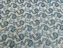 Floral Embroidered Lace - Blue - Floral Corded Lace With Sequins Sold By Yard