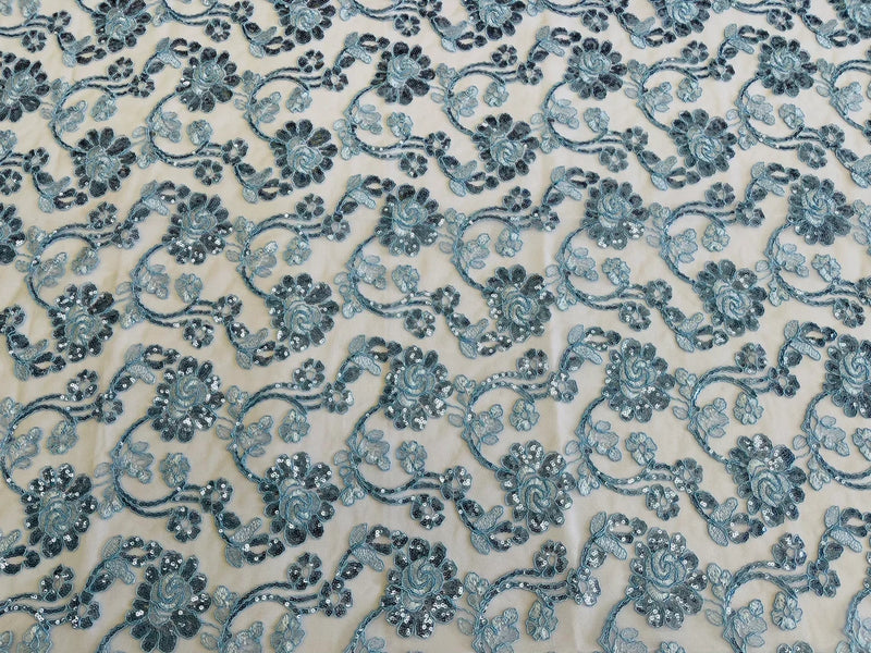 Floral Embroidered Lace - Blue - Floral Corded Lace With Sequins Sold By Yard