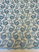 Floral Embroidered Lace - Blue - Floral Corded Lace With Sequins Sold By Yard