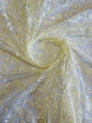 Floral Embroidered Lace - Ivory - Floral Corded Lace With Sequins Sold By Yard