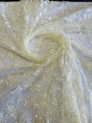 Floral Embroidered Lace - Ivory - Floral Corded Lace With Sequins Sold By Yard
