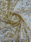 Floral Embroidered Lace - Champagne - Floral Corded Lace With Sequins Sold By Yard