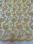 Floral Embroidered Lace - Champagne - Floral Corded Lace With Sequins Sold By Yard