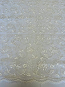 Floral Embroidered Lace - White - Floral Corded Lace With Sequins Sold By Yard