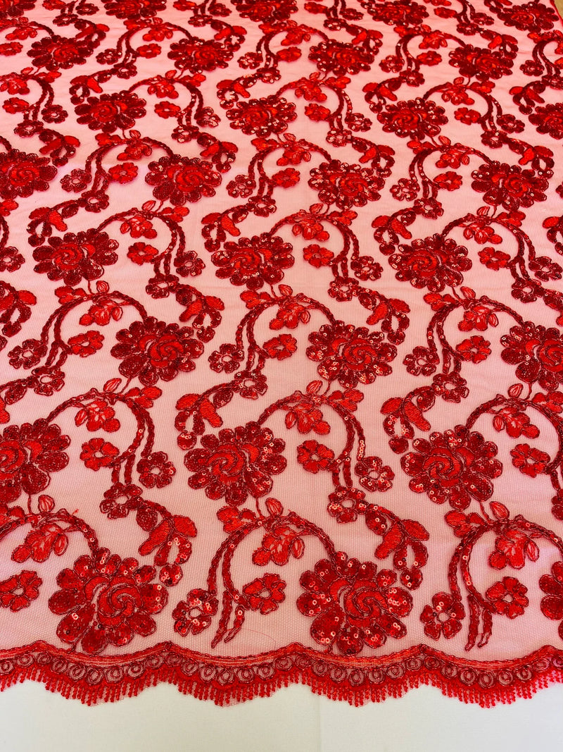Floral Embroidered Lace - Red - Floral Corded Lace With Sequins Sold By Yard
