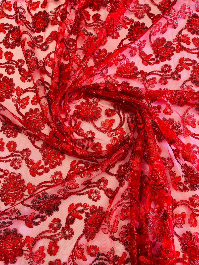 Floral Embroidered Lace - Red - Floral Corded Lace With Sequins Sold By Yard