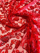 Floral Embroidered Lace - Red - Floral Corded Lace With Sequins Sold By Yard