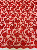 Floral Embroidered Lace - Red - Floral Corded Lace With Sequins Sold By Yard