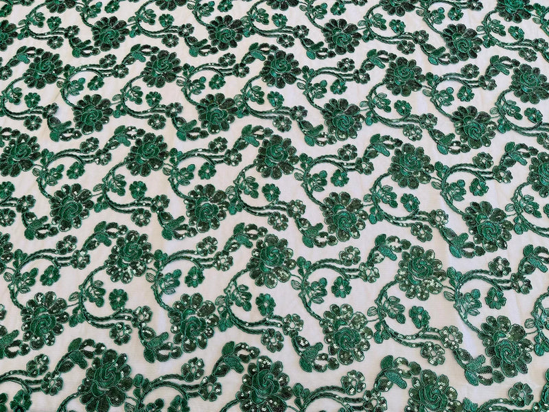 Floral Embroidered Lace - Hunter Green - Floral Corded Lace With Sequins Sold By Yard