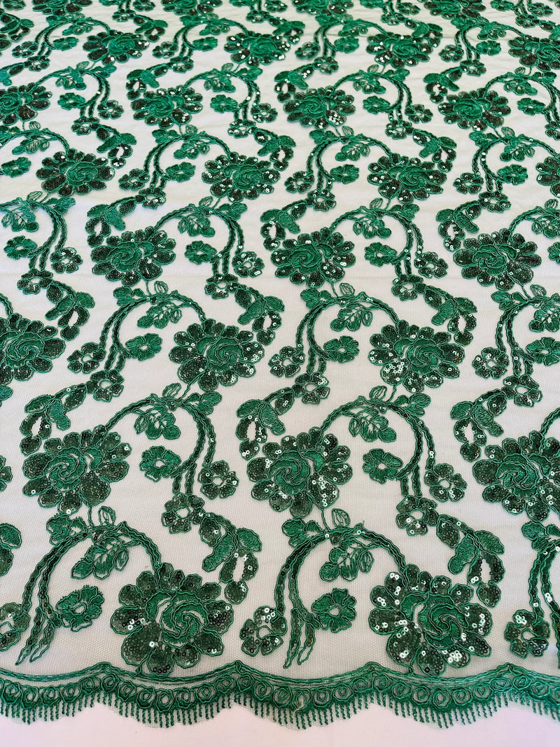 Floral Embroidered Lace - Hunter Green - Floral Corded Lace With Sequins Sold By Yard