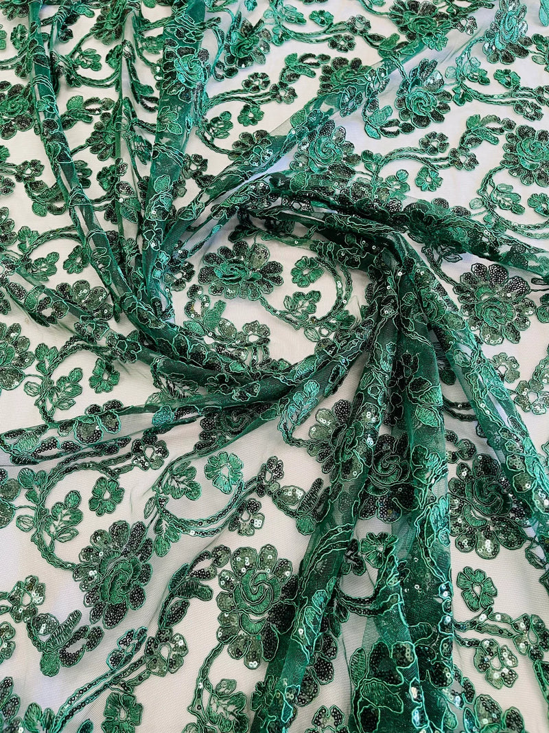 Floral Embroidered Lace - Hunter Green - Floral Corded Lace With Sequins Sold By Yard