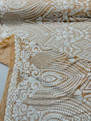 Geometric Design Fabric - White on Nude - 4 Way Stretch Embroidered Design Sequins Fabric By Yard