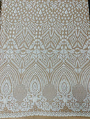 Geometric Design Fabric - White on Nude - 4 Way Stretch Embroidered Design Sequins Fabric By Yard