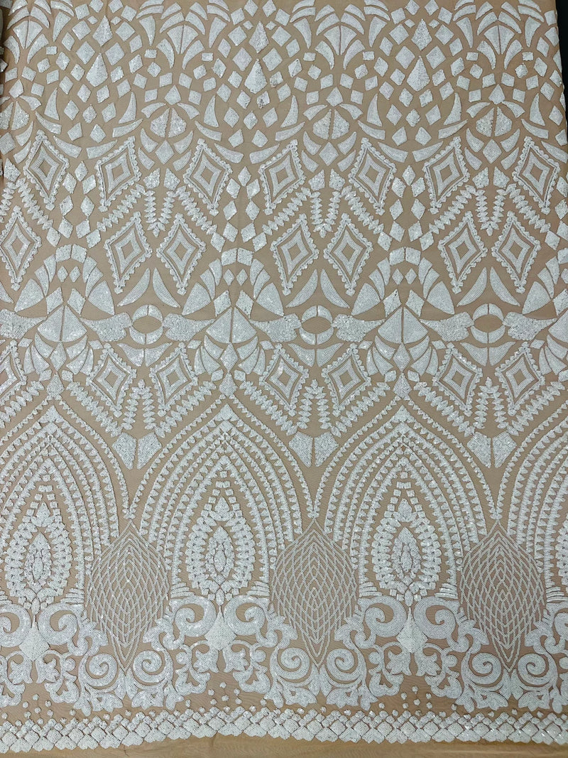 Geometric Design Fabric - White on Nude - 4 Way Stretch Embroidered Design Sequins Fabric By Yard