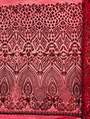 Geometric Design Fabric - Burgundy- 4 Way Stretch Embroidered Design Sequins Fabric By Yard