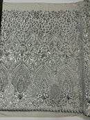 Geometric Design Fabric - Silver - 4 Way Stretch Embroidered Design Sequins Fabric By Yard