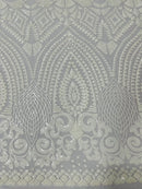 Geometric Design Fabric - White - 4 Way Stretch Embroidered Design Sequins Fabric By Yard