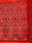 Geometric Design Fabric - Red - 4 Way Stretch Embroidered Design Sequins Fabric By Yard