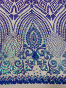 Geometric Design Fabric - Lavender - 4 Way Stretch Embroidered Design Sequins Fabric By Yard