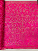 Geometric Design Fabric - Hot Pink - 4 Way Stretch Embroidered Design Sequins Fabric By Yard