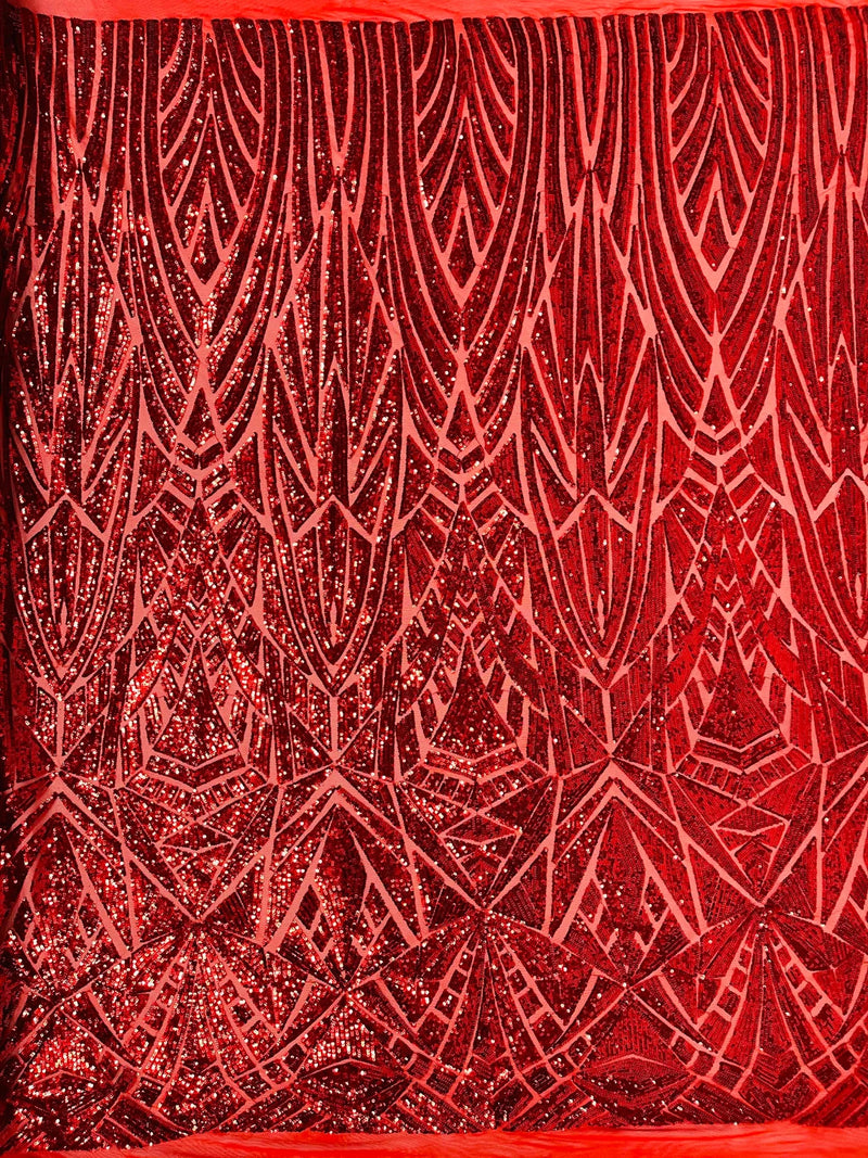 Sequins Fabric - Red - Geometric Pattern Design 4 Way Stretch Sold By Yard